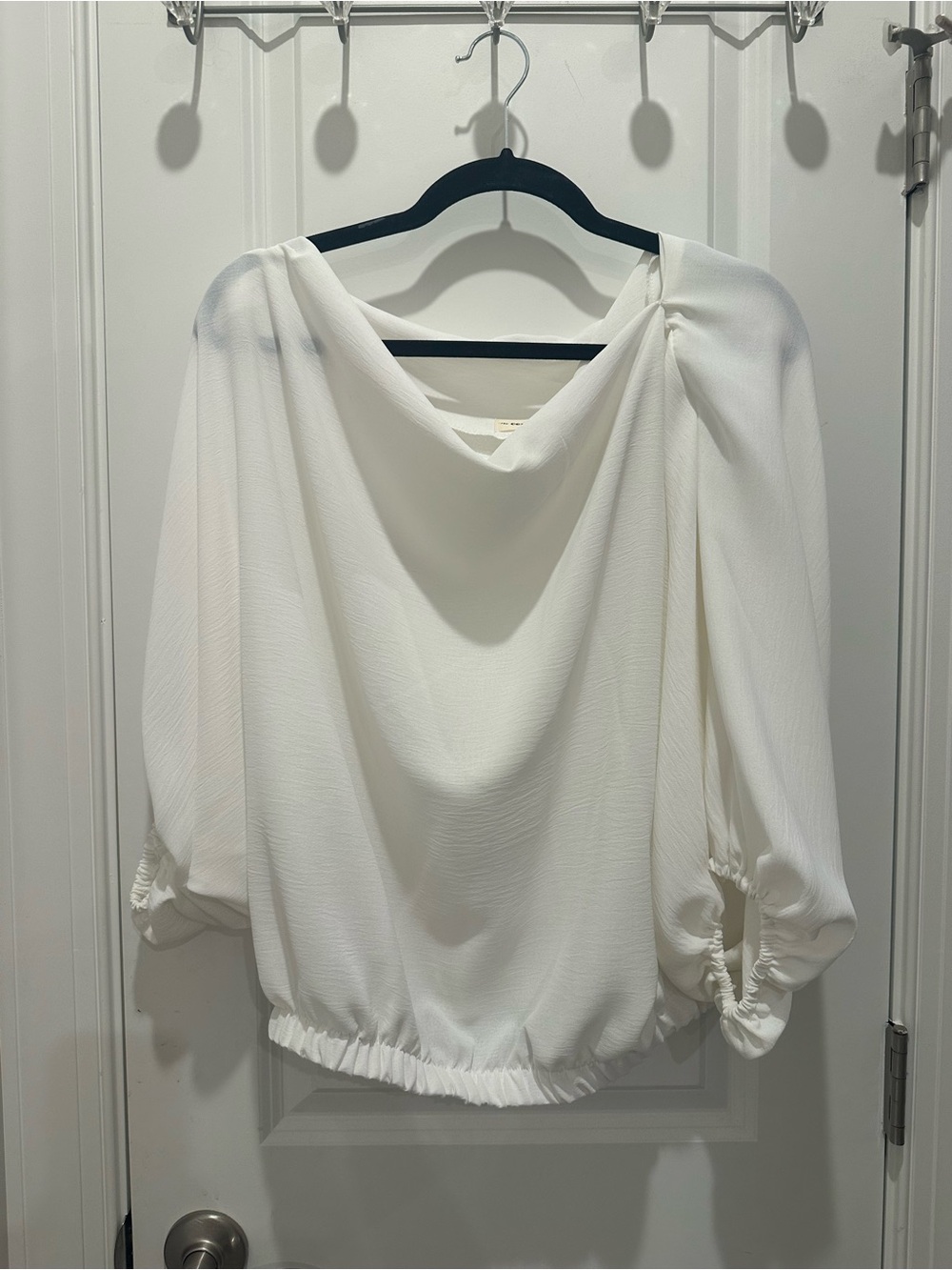 eesome White Cowl Neck Blouson Top with Balloon Sleeves